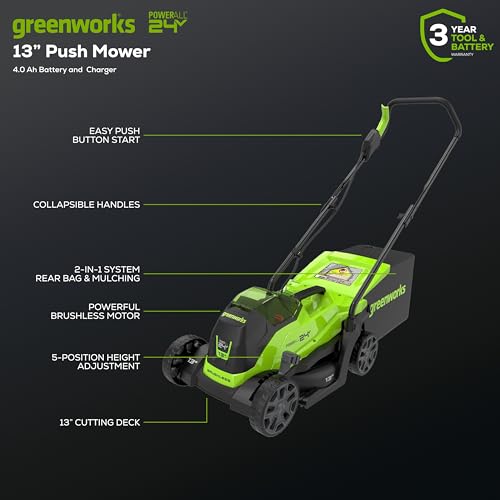 Greenworks 24V Cordless Lawn Mower, 13in, Brushless, 4.0Ah Battery