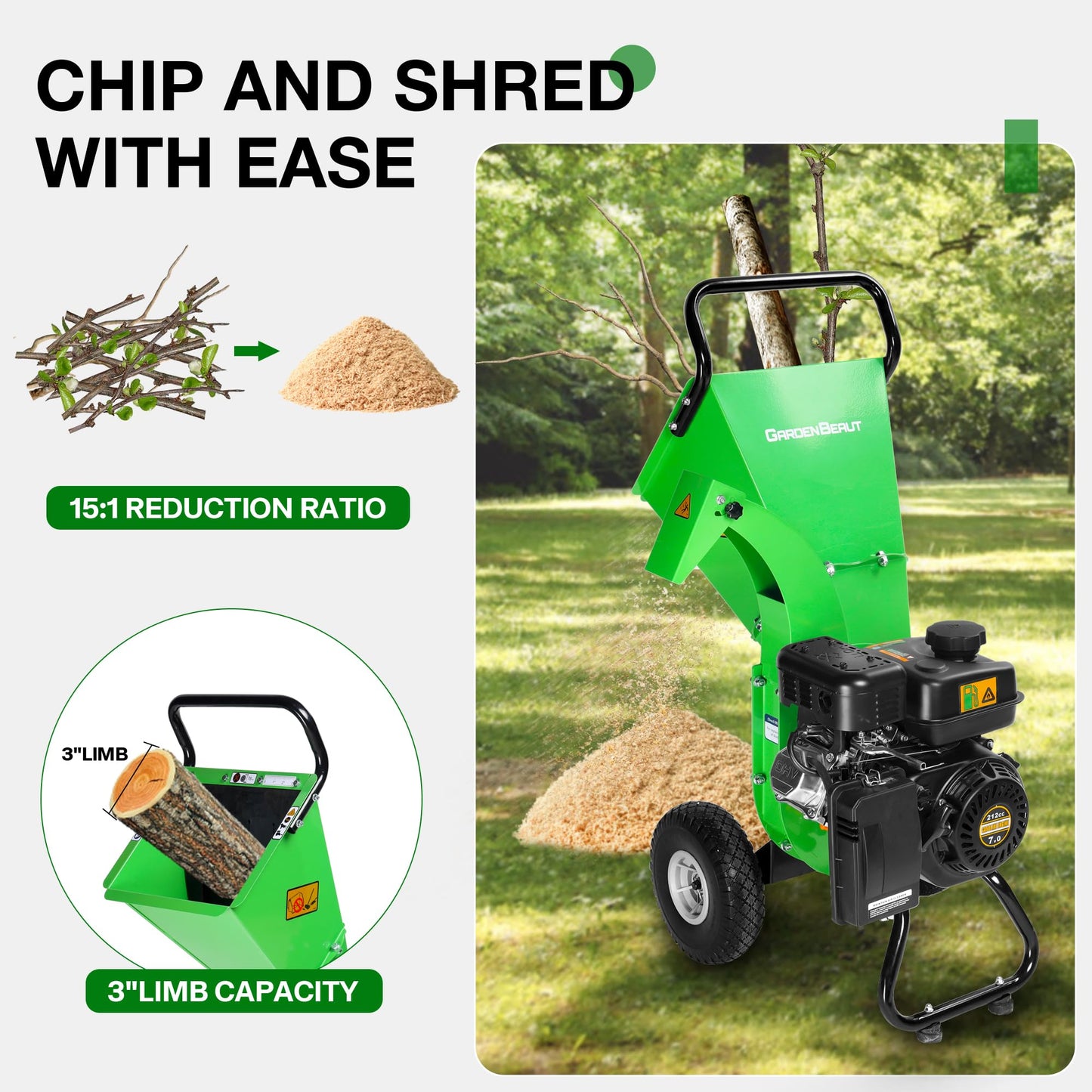 GARDENBEAUT S3 Wood Chipper Shredder, 212cc Gas, 3in Capacity