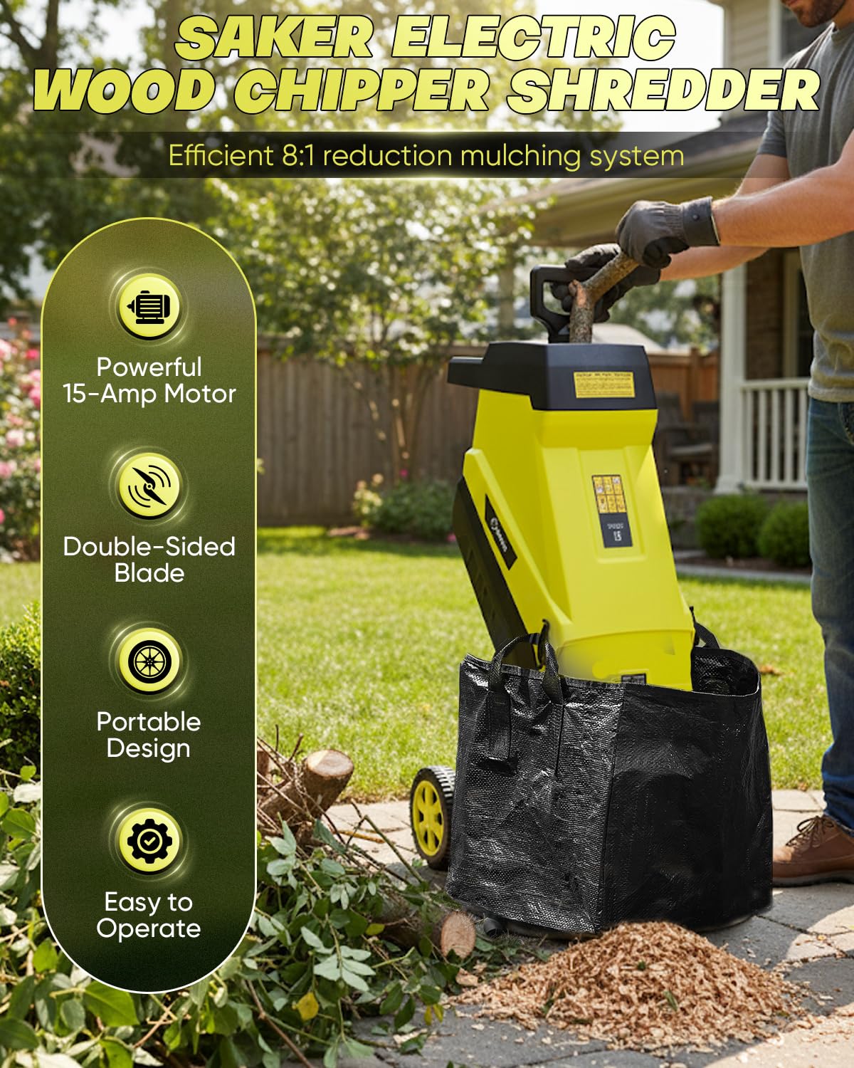 Saker Electric Wood Chipper Shredder, 15-Amp, 1.8in Capacity